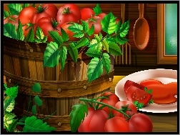 Grafika, Liście, Pomidory, Talerz